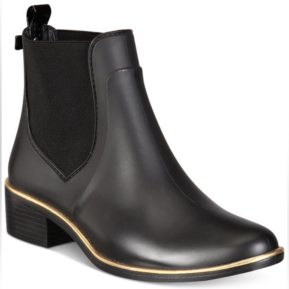 Kate Spade Sedgewick Chelsea Rain Boots Rubber with Elastic Black Gold Pull On